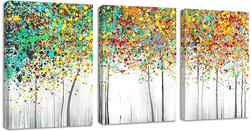 3 Teilig Leinwandbilder Bilder mit Rahmen Abstrakt Bunter Blütenbaum bild auf leinwand Wandkunst Modern Wandbilder Kunstdruck Deko für Wohnzimmer Schlafzimmer fertig zum Aufhängen 120x60cm(40x60x3)