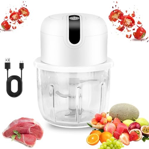 Aicharynic Mini affettatrice elettrica per cipolle con porta USB, 250 ml, batteria ricaricabile con lama in acciaio inox, per tritatutto, taglio e tritare (bianco)