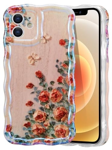 EYZUTAK Case for iPhone 11, Colorful Retro Oil Painting Rose Flower Laser Beam Glossy Pattern Cute Curly Waves Border Phone Cover Stylish Durable Soft TPU Protective Case for Girls Women - Beige