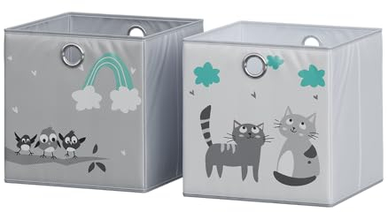 Vicco Faltbox, Regalbox für Kinder, Grau, 30 x 30 cm (Motiv Katzen & Vögel)
