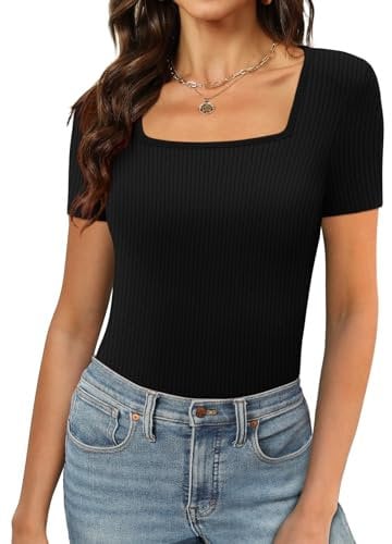 Aokosor Ladies Tops Womens Square Neck Tops Summer Slim Fit Short Sleeve Shirts Ribbed Black Tops Size 14-16