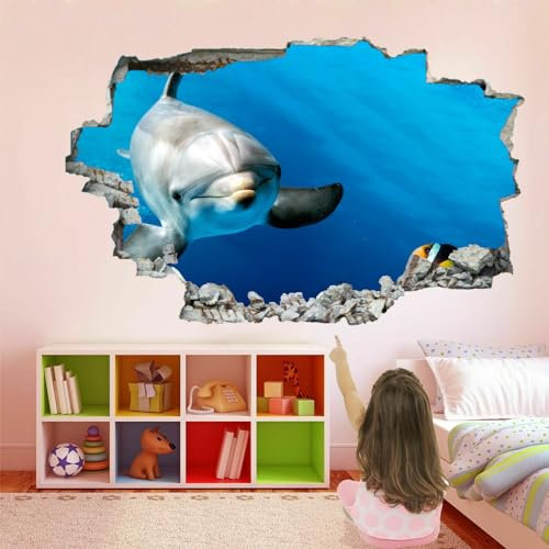 Wandtattoo 3D Durchbruch Delfin Wandsticker Wanddekoration Fisch Abnehmbare Wandaufkleber Deko Schlafzimmer Wohnzimmer Kinderzimmer Kunst Wohnkultur Wandbilder 90x60cm