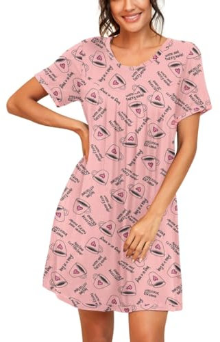 PrinStory Robe De Nuit Conforts Chemise De Nuit À Col Rond Et À Manches Courtes pour Femmes (Tasse À Café Rose, L)