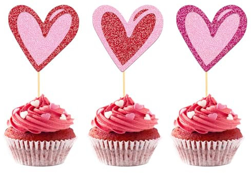 24 Stück Glitzer Muttertag Deko Cupcake Toppers, Herzen Kuchendeko, Valentinstag Tortendeko für Valentinstag Heiratsantrag Verlobung Hochzeit Party Deko (Herz)