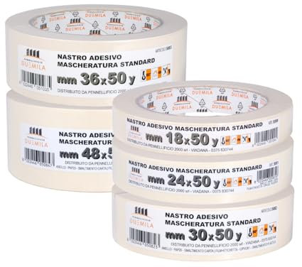 PENNELLIFICIO 2000 | Kit da 5 Nastri in Carta con Diverse Misure per Mascheratura e per Imbianchini, Rimozione Senza Residui, Antimacchia, Dimensioni 18/24 / 30/36 /48 mm x 45 m – Made in Italy