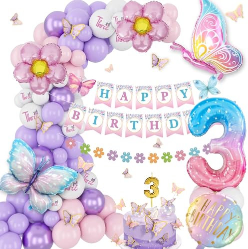 Geburtstagsdeko 3 Jahre Mädchen, Rosa Lila Geburtstag Ballons, Geburtstagsdeko Mädchen, Set Mit Schmetterling Folienballons, Alles Gute Zum Geburtstag Banner, Luftballon 3, Schmetterling Aufkleber