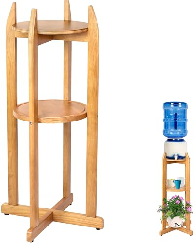 Support distributeur d'eau en bois massif naturel (83,3 cm de hauteur - 28,4 cm de large) - Distributeur de boissons avec 2 étagères rondes incluses pour bouteilles d'eau de 4 à 18,7 litres, carafe
