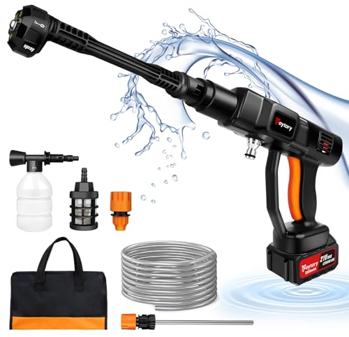 Akku Hochdruckreiniger, 21V 45 Bar/652 PSI Akku-Waschanlage, tragbarer Hochdruckreiniger mit 3.0Ah Akku, 6-in-1 verstellbare Düse, 5 Meter Schlauch, Auto/Boden/Gartenreinigung und Bewässerungsfunktion