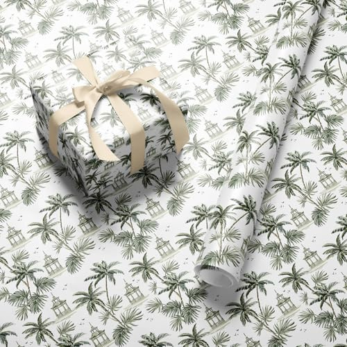 Toile De Jouy Palm Tree Wrapping Paper Roll - Wide 59.4cm x 3.6m Pagoda Gift Wrap for Birthday, Wedding, Christmas, Housewarming, Men, Women and Plant Lovers