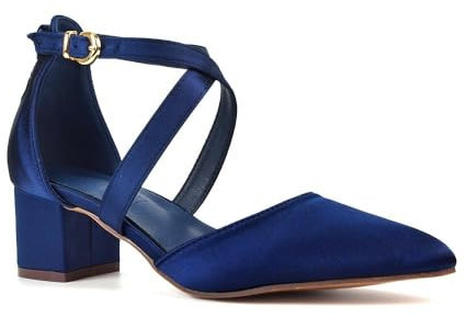 ESSEX GLAM Womens Strappy Ankle Strap Court Shoes Ladies Navy Satin Low Heel Point Toe Close Toe Pumps Size 6