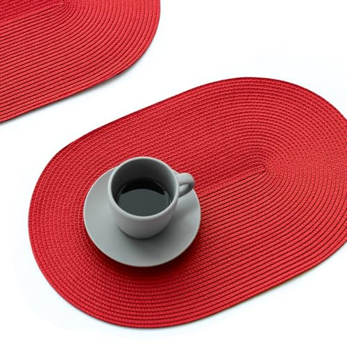 FunWheat Ovale geflochtene Platzsets, 4er-Set, Tischsets für Esstische, waschbar, hitzebeständig, für drinnen und draußen, 30,5 x 44,9 cm (ovales Rot, 4 Stück)