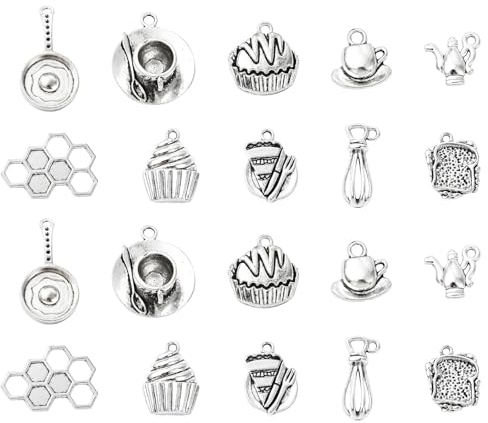 Ipotkitt 100 Pcs 10 Styles Antique Breakfast Theme Charms Vintage Cake Coffee Cup Teapot Shaped Charms Cute Metal Food Charms for DIY Gift Necklace Jewellery Making