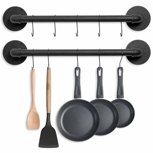 Boshangjia Pot Pan Rack Wall Mounted Set of 2, 21 Industrial Pipe Utensils Hanger Holder Pots Storage Organizer Iron Detachable Hanging Rail for Kitchen with 10 S Hooks