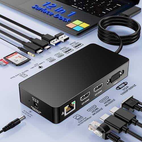 13 in 1 Microsoft Surface Docking Station Triplo Display Doppio 4K HDMI+VGA Spina di Alimentazione,Surface Dock Accessori per Surface Pro 11/10/9/8/X/7/6/5/4/3,Laptop 7/6/5/4/3/2/1,Book Laptop Go3/2/1