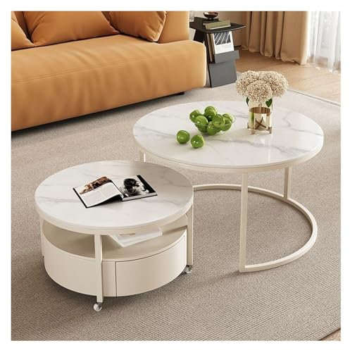 FUHAI-666 Beistelltisch Rock Slab Couchtisch Home Runde Kombination Retro Couchtisch Schwarzer Couchtisch Eisen Wohnzimmer Mobiler Couchtisch mit Rollen Kaffeetisch Kleiner Sofatisch(Weiß)