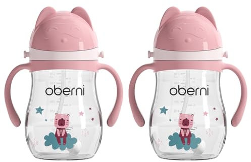 Oberni Trinklernbecher aus Tritan, 270ml Trinkflasche für Kleinkind ab 12 Monaten, Auslaufsicherer Trinklernbecher BPA-frei, Trinkbecher mit Griffe und Gurte tragen, Rosa, 2 Stück