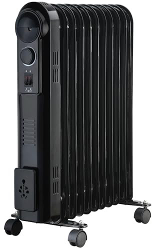 Nyxi 11-Fin Oil Filled 2500W Heater Radiator – 3 Power Settings, Safety Overheat Protection, Portable with Castor Wheels & Cord Storage (Black, Model 3898)
