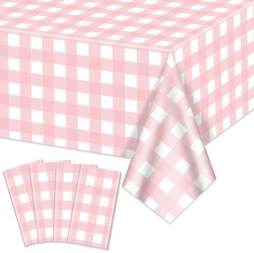 Confezione da 4 tovaglie a quadretti rosa e bianche a scacchi, 210 x 130 cm, rettangolari, impermeabili, per feste di compleanno, vacanze, forniture all'aperto