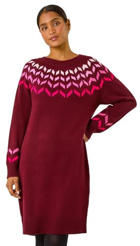Roman Thick Jumper Dress for Women UK Ladies Fairisle Aztec Knitted Knit Sweater Knitwear Autumn Winter Holiday Round Neck Long Sleeve Soft Knee Length Sweat Warm Thick - Wine Pink - Size 20