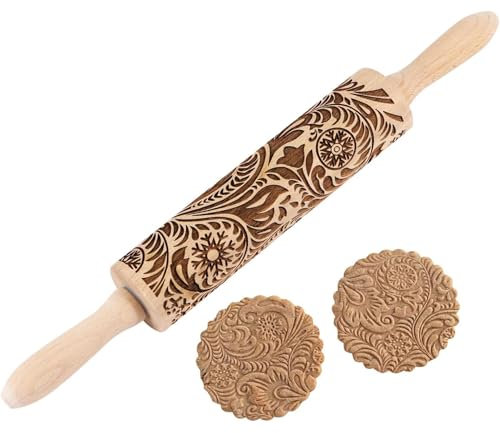 SSyang Teigroller, Nudelholz, Muster Prägerolle Holz Weihnachten Präge, 35 * 4.5 CM 3D Holz Nudelholz Teigroller mit Weihnachten Motiv Muster Blumen, für DIY, Weihnachten, Küche(Schneeflockenrebe)