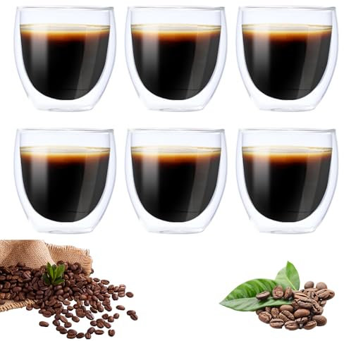 6er Set Doppelwandige Espressotassen, 80ml Espresso Gläser, Mokkatassen aus Borosilikatglas, Pülmaschinenfestes hitzebeständiges Kaffeetassen, Cappuccino Tassen, Latte Macchiato Gläser