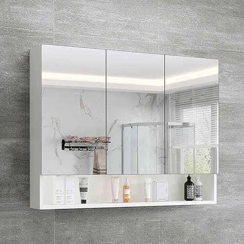 ZBAOLTO Badezimmerschrank mit Spiegel, Spiegelschrank Weiß, Spiegelschränke fürs Bad Mirror Cabinetmit 3 Tür, Wandmontage, Spiegelschrank Bad für Badezimmer,Modern Lagerung 70 x 15 x 63 cm