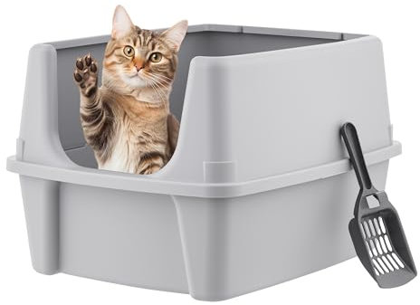 IRIS USA Large Cat Litter Box with Scatter Shield and Scoop, Open Top High Sided Cat Litter Pan, Silver