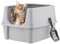 IRIS USA Large Cat Litter Box with Scatter Shield and Scoop, Open Top High Sided Cat Litter Pan, Silver
