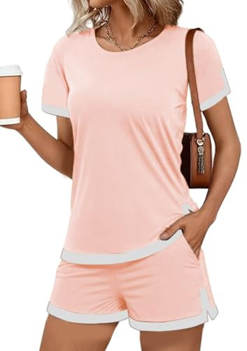 JFAN Ensemble Femme Ete 2 Pièces Décontracté Tenue Sport Femme Manches Courtes Elegant Survêtement de T-Shirt Col Rond et Short Taille Haute avec Poches,Rose,S