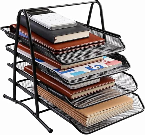 Organizador de Escritorio de Malla Metálica con 4 Bandejas, Soporte de Archivos para Documentos A4, Estante Apilable para Documentos, Cartas y Papelería, Ideal para Oficina y Hogar, 4 Niveles, Negro