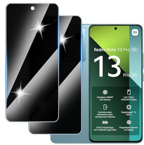 Hirshen 【2 Piezas】 Protector Pantalla Privacidad para Redmi Note 13 Pro 5G,Anti-Espía Vidrio Película,Cristal Vidrio Templado Anti Espía,9H Dureza,Sin Burbujas,Anti-Arañazo,Privacy Screen Protector