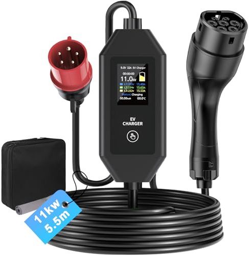 Husgw Chargeur Voiture Electrique 11kW, 5.5M 6-16A, Triphasé, Type 2 Prise CEE Chargeur EV avec LCD, Station de Charge Mobile Portable Compatible avec Tesla/IEC 62196-2