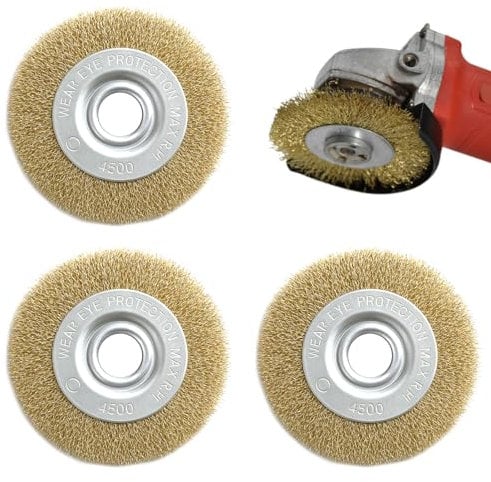 3 Pcs Brass Coated Wire Brush Wheel,Bench Brass Plated Crimped Steel,Drill Wire Brush For Cleaning, Rust Removal, Polishing, Deburring & Paint Removal(100mm)