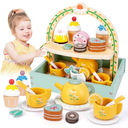 BBWELL Teeservice Kinder Holz,Teeservice Kinderküche Zubehör,Küchenzubehör Kinder Holz,Küchenzubehör Rollenspiele Holzspielzeug Geburtstag Schulanfang Geschenk Mädchen Jungen 3+ Jahre