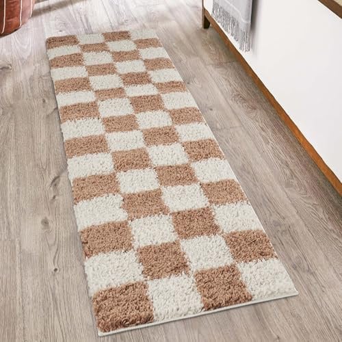 Chester Checkered Soft Shaggy Hallway Runner Rug, Terracotta, 60x220cm