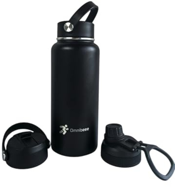 OMNIBEEE Insulated Water Bottle, 1L Stainless Steel, Handle, 3 Lids, Hot 24H/Cold 48H. Leakproof, Good for Bike, Camping, Sports and Gym. (Black, 32 oz) (Black, 1 Litre), BPA-Free