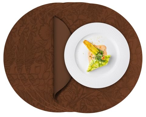 ToVioc Tovagliette Americane Lavabili Rotonde pelle, sottopiatti rotondi eleganti per Cucina, Ristorante & Ufficio, tovaglietta americana in Design Floreale (34 cm Ø, Set di 4) - Marrone
