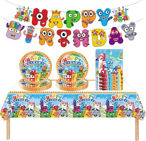 Number Theme Birthday Party Decorations, Cartoon Blocks Party Tableware with Banner, Plates，Napkins and Tablecloth for Fans Adults Birthday Decor Serves 20