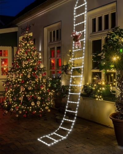 EcoNour Weihnachtsleiter-Lichter mit Weihnachtsmann – 400 LED Lichter, 8 Lichtmodi, Timer- und Speicherfunktion, Netzbetrieben, Weihnachtsdekoration für Innen & Außen, Garten, Baum (Kaltweiß)