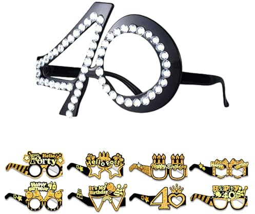 Eudomis 40 Geburtstag Deko für Männer und Frauen,9er Set Partybrillen schwarz gold, Lustige Foto Requisiten und Partyzubehör zum 40. Geburtstag Mann