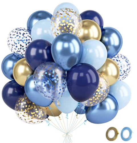 Luftballons Geburtstag Blau Gold - 60 Stück Goldene Blaue Luftballons Mit Metallic blau Konfetti Ballons, Party Deko Für Jungen Mann, Helium Ballons Für Geburtstag Baby Shower Jugendweihe Deko