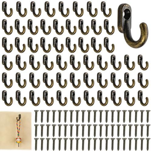 FAINCA 60 Stück Vintage Wandhaken Klein mit 60 Schrauben 1,7x1,3cm | chlüsselhaken für Schlüsselbrett Garderobenhaken Antikbronze Kleine Haken zum Schrauben für Schmuck Taschen Bad Küche