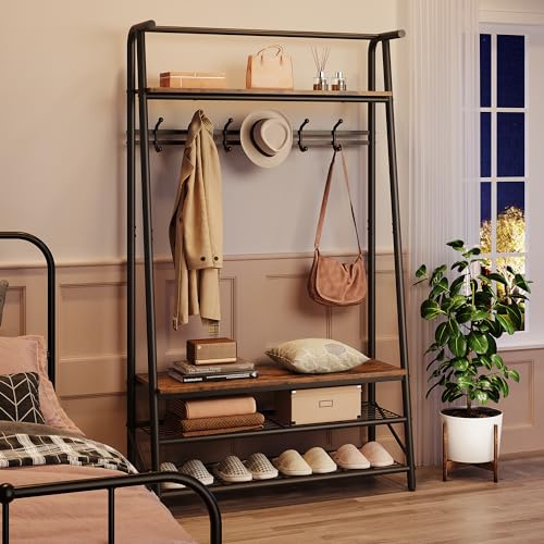Koioplie Wandgarderobe mit Ablage 100cm Retro-Braun, Garderobenleiste aus Metall und MDF, Einreihig, Kleiderhaken für Flur und Eingang