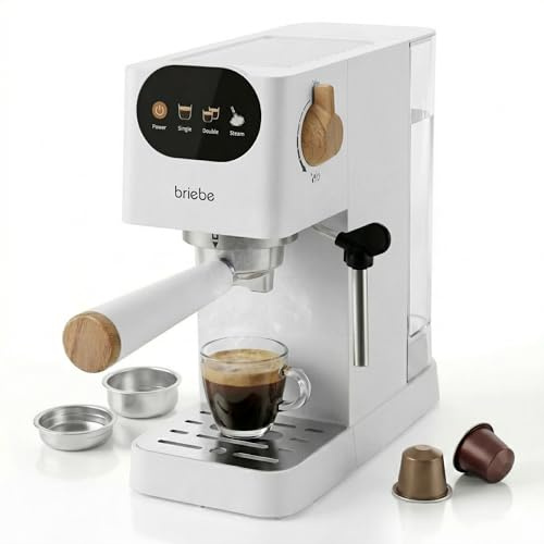 briebe Nordic Kaffeemaschine 20 Bar Kompatibel Nespresso-Kapseln und Kaffeemehl, Espresso Siebträgermaschine 1350W, Milchaufschäumer, Touch-Display, 1,2L Wassertank, Skandinavisches Design, Weiß