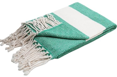 Eternique Art Premium Hamamtuch & Strandtuch 100 x 200 cm (Emerald) | 100% türkische Baumwolle mit handgewebten Fransen — Großes schnell trocknendes Strandtuch — Sauna, Pool, Fitnessstudio