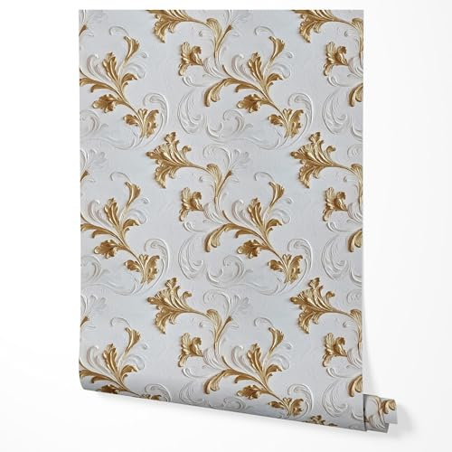 GP TONER Vliestapete Barock Weiß Gold Ornament Elegante Klassische Tapete Wohnzimmer Schlafzimmer Flur Küche Luxuriöses Design UV-beständige Tapete 5m x 0,5m