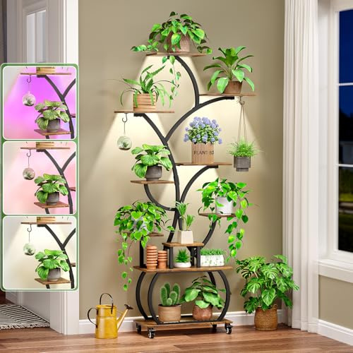 VINGLI Support Plantes avec Lampe de Croissance À 8 Niveaux, etagere plante en Fer et Bois sur Roues, 161,5 x 79 x 26 cm, pour Salon Balcon Jardin, Tube Noir + Panneau Couleur Bois Fumé, 4 sorties LED