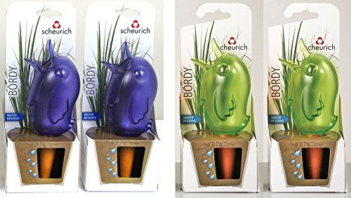 Scheurich Wasserspender Bördy M | 4er Set Lila/Grün | 220 ml Füllmenge | Bewässerungskugel klein mit Ton Fuß | Wasserspender Pflanzen und Blumen Terrakotta Stiel