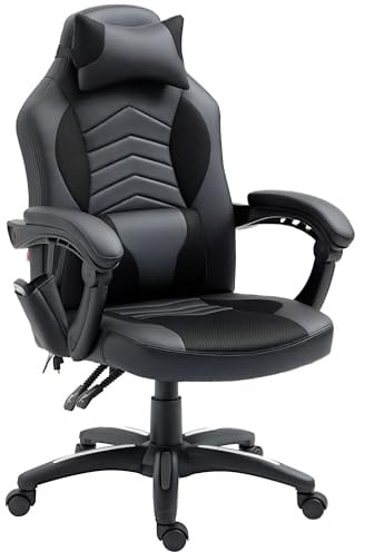 HOMCOM Bürostuhl Massagefunktion Ergonomisch Schwarz 68 x 69 x 108-117 cm | Massagesessel, 6 Vibrationspunkte, Gaming Stuhl, Wärmefunktion, Kunstleder