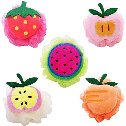 Kaxich 5pcs Bath Puff Soft Bath Sponge Shower Ball Bath Loofah Fruit Shape Mesh Pouf Exfoliation Body Puffs Exfoliate Pouf